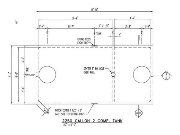2250 Gallon - 2 Compartment Septic Tank with Mole Hole/Transfer Hole