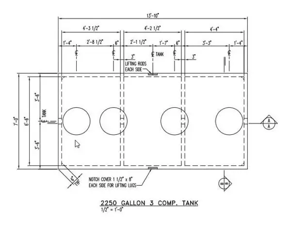 2250 Gallon - 3 Compartment Septic Tank